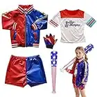 BARVERE Harley Quinn Kostüm Kinder, Karneval Halloween Cosplay Kostüme mit Jacke, T-Shirt, Shorts, Handschuh, Aufblasbarer Baseballschläger und Tatto, Cosplay Kleid Kostüme für Karneval Clown-130cm