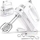 BAIGELONG Hand Electric Mixer, 300W Ultra Power Food Kitchen Mixer with 5 Self-Control Speeds + Turbo Boost, 5 Stainless Steel Attachments Handheld Mixer for Baking, White