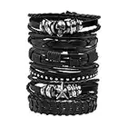 MILAKOO 6 Pcs Leather Bracelet Black Brown Braided Wide Wristband Women Men Punk Jewelry Skull