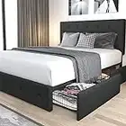 Allewie Upholstered Queen Size Platform Bed Frame with 4 Storage Drawers and Headboard, Diamond Stitched Button Tufted, Mattress Foundation with Wooden Slats Support, No Box Spring Needed, Dark Grey