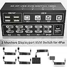 Displayport KVM Switch 4 ordenadores 2 monitores, 4K a 60Hz KVM Switch Dual Monitor Displayport con 4 USB Hub, Dual Monitor Displayport KVM 4PC Compartir 1 juego de teclado, ratón y 2 monitores