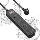 Outdoor Power Bar Waterproof with USB Ports, Weatherproof Surge Protector with 6Ft Long Extension Cord and 3 AC Outlet Extenders, Waterproof and Childproof Power Strip for Bathroom, Kitchen, Patio