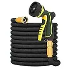 NGreen Expandable and Flexible Garden Hose - Strength Durable Fabric and 12-Layer Latex Inner Tube, Lightweight Easy Storage Kink Free Water Hose, Leakproof Solid Brass Fittings with Nozzle (25 FT, Black)