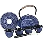 Ufine Blue Floral Cast Iron Teapot Set Japanese Style Tetsubin Tea Kettle with 4 Cups, Stainless Steel Infuser for Stove Top Tea Brewing 28 oz