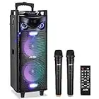Moukey Karaoke Machine, PA System Double Woofer for Party, Portable Bluetooth Speaker w/ 2 Wireless Microphone, Disco Lights and Echo/Treble/Bass Adjustment, Support TWS/REC/AUX/MP3/USB/TF/FM