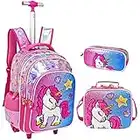 IvyH Mochilas Escolares con Ruedas Unicornio Niña, Mochila Lentejuelas Niños Bolsa Trolley Ruedas con Bolsa de Almuerzo Pequeña con Correa Estuche para lápices Bolsas Escolares para Colegio Viaje