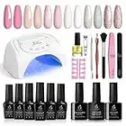 Beetles French White Glitter Gel Nail Polish with U V LED Light Starter Kit，Nude Pink Gel Polish with 48W Nail Lamp Gel Base Top Coat Soak Off Gel Manicure Kits Gifts for Women Girls