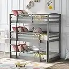 Merax Twin Triple Bunk Bed, Wood Twin Size Triple Bed Frame with Guard Rail and Ladder, Can be Divided into 3 Separate Beds, White