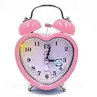 Monique Students Seniors 3in Twin Bell Loud Alarm ,Silent Analog Quartz Nightlight Clock Battery Operated for Heavy Sleepers Heart Shape Pink