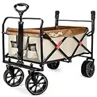 Collapsible Folding Wagon with Adjustable Push Pull Handles , Beach Wagon with Big Rubber Wheels for Sand, Utility Wagon Cart for Groceries, Neutral/Gray