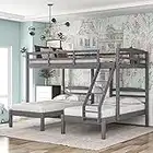 DNYN Full Over Twin Bunk Bed with Small Drawers & Ladder for Kids/Adults Bedroom,3 in 1 Triple Bunkbed,Solid Pinewood Bedframe w/Safety Guardrals,Space Saving Design & No Box Spring Needed, Gray