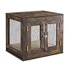 unipaws Small Wooden Dog Crate, 24 inch Dog Crate with Tray and Bed, Furniture End Table Dog Kennels, Dog House with Double Doors, Rustic