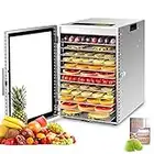 Kwasyo Deshidratador de Alimentos de Acero Inoxidable con 12 Bandejas, Secado eficiente de 360° con doble ventilador, Temporizador 24 horas, Temperatura: 20 a 90℃, deshidrata fruta, carne, verduras