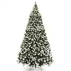 Goplus Pre-lit Snow Flocked Christmas Tree, 9ft Hinged Artificial Xmas Tree w/ Pine Cones, Red Berries & 900 LED Lights, Indoor Holiday Festival Decoration