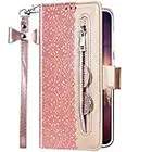 Uposao Cover Compatibile con Samsung Galaxy S10e in Pelle PU Cuoio Cerniera Fiori Pizzo Portafoglio a Libro Custodia Funzione Antiurto Libro con Supporto,Slot per Schede,Cinturino da Polso,Oro Rosa