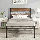 VECELO Twin Size Bed Frame with Rustic Vintage Wood Headboard, Metal Slats Support, Industrial Platform Mattress Foundation No Box Spring Needed, Noise-Free, Easy Assembly