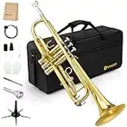 Vangoa Bb Trumpet Brass Standard Gold Trumpet Instrument for Student School Band Orchestra Adult Kid Beginner with Hard Case, Stand, Cleaning Kit, White Gloves, Valve Oil and 7C Mouthpiece