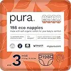 Pura Premium Eco Baby Nappies Size 3 (Midi 4-9kg / 9-20 lbs) Monthly Pack 6 x 33 per pack, 198 Nappies, EU Ecolabel Certified, Made with Organic Cotton, up to 12 hour Leakage Protection