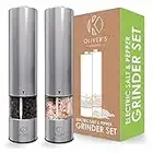 Oliver's Kitchen ® Electric Salt and Pepper Mill Set - Salt & Pepper Grinders - Easy 1-Touch Operation - Long Lasting, Stylish Stainless Steel Design - Adjustable Coarseness with Light