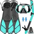 Createy Mask Fin Snorkel Set, Dry Snorkeling Gear Panoramic Wide View Diving Mask Anti-Fog, Dive Flippers, Anti-Leak Dry Top Snorkel with Travel Bag for Swimming Scuba Diving Training Adults Men Women