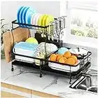YKLSLH Expandable Dish Drying Rack, 2 Tier Large for Kitchen Counter with Drainboard, Glass and Utensil Holder (Black)