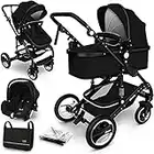 KIDUKU® Poussette Combinée 3 en 1 | Trio pour Enfants | Siége Auto Légère, Piable | Nacelle Souple Convertible | Set de Voyage (Noir)