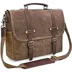 Mens Messenger Bag 15.6 Inch Waterproof Vintage Genuine Leather Waxed Canvas Briefcase Large Leather Computer Laptop Bag Rugged Satchel Shoulder Bag, Brown