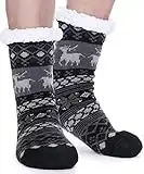 EBMORE Mens Slipper Fuzzy Socks Fluffy Winter Cabin Cozy Warm Soft Fleece Thick Comfy Home Grips Non Slip Socks Christmas White Elephant Gift Stocking Stuffers (Black Deer)