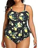 Yonique Plus Size Swimsuits for Women Tummy Control Two Piece Bathing Suits Peplum Tankini Tops High Waisted Swimwear, Black Lemon, 22 Plus