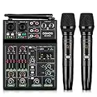 Professional Audio Mixer, 4 Channel Sound Mixer With Dual Wireless Mic, Sound Board Console MP3 Bluetooth 48V Phantom Power USB Interface DJ Mixing for Home Karaoke Party Computer Studio Recording