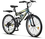 Licorne Bike Premium Mountain Bike Strong da 24 Pollici, Bicicletta per Ragazzi, Ragazze, Donne e Uomini, con Cambio a 21 Marce, sospensioni Complete, Uomo, Nero/Blu/Lime, 24 Inches