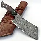 indpt knife Damascus Steel Custom Handmade Professional Chef Cleaver Chopper Kitchen Chef Knife Full Tang with Leather Sheath Cover,Gray,12