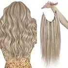 Sunny Fishing Wire Hair Extensions Human Hair Warm Ash Blonde Highlights Bleach Blonde Invisible Wire Hair Extensions Blonde Highlights Wire Hair Extensions Human Hair 14inch 80g