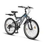 Chillaxx Bicicleta de montaña Falcon Premium de 24 y 26 pulgadas, para niños, niñas, mujeres y hombres, 21 velocidades, suspensión completa (24 pulgadas, freno en V negro-azul)