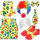 Funtery Clown Costume Set of 8, Include Red Clown Nose, Shoes, Vest, Hat, Wig, Bow Tie and White Gloves Clown Accessories (Adult)