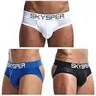 SKYSPER Men's Jockstrap Breathable Mesh Cotton Jock Straps Male Underwear, Athletic Supporters for Men, Sg07-blue/Black/White-3pcs, Medium