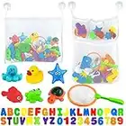 Bath Toy Holder Organizer Set - 2 Quick Dry Storage Net with Soft Foam Bathtub Letters & Number and Fish Net & Additional Suction Cups for Toddlers Kids Games Learning