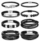 UBGICIG 8 PCS Black Leather Bracelets for Men Stainless Steel Braided Leather Bracelet Wristband Cuff Bracelets Mens Jewelry with Clasp Closure
