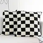 JOJUSIS Decorative Throw Pillow Covers Luxury Style Checkerboard Pattern Cushion Case Super Soft Faux Fur Wool Pillowcases for Couch Bedroom Pack of 2 (Black, 18 x 18-Inch)
