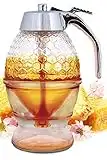 Hunnibi Honey Dispenser No Drip Glass - Maple Syrup Dispenser Glass - Beautiful Honey Comb Shaped Honey Pot - Honey Jar with Stand, Great Bee Decor, 8 oz