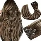 Hetto Clip in Hair Extensions Balayage Human Hair Clip on Hair Extensions Real Human Hair Extensions Clip in Ombre Dark Brown to Caramel Blonde 18 Inch 120g #4/27/4 7pcs