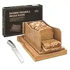 Bamboo Bread Slicer with Serrated Bread Knife, Adjustable Bread Slicer Guide with 3 Thickness Size, Foldable Compact Chopping Cutting Board with Crumb Tray, Great for Homemade Bread, Cakes, Bagels