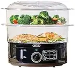 BELLA 7.4 Quart 2-Tier Stackable Baskets Healthy Food Steamer with Rice & Grains Tray, Auto Shutoff & Boil Dry Protection for Cooking Vegetables, Grains, Meats, Black, 4.78 lb.