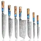 SENKEN 7-Piece Damascus Kitchen Knife Set - Tsunami Collection - 67-Layer Japanese VG10 Steel - Chef's Cleaver Knife, Bread Knife, Santoku Knife, Boning Knife, & More, Luxury Gift Box