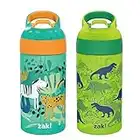 Zak Designs 16oz Riverside Kids Water Bottle with Spout Cover and Built-in Carrying Loop, Made of Durable Plastic, Leak-Proof Design for Travel (Dino Camo & Safari, Pack of 2)