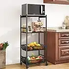 Microwave Stand Cart with Storage, 4 Tier Metal Kitchen Rolling Cart, Fruit and Vegetable Basket on Wheels, Standing Baker's Rack Coffee Station Organizer Shelf, Black