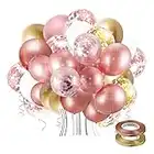 Rose Gold Confetti Latex Balloons, 65 pcs 12 inch White Metallic Gold Party Balloon with 66 Ft Rose Gold Ribbon for Birthday Wedding Anniversary Bridal Shower Decoration