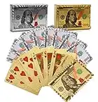 Joyoldelf Playing Cards, 2 Decks of 24k Playing Cards with Dollar Pattern, Waterproof Playing Cards & Flexible Poker with Box - Classic Magic Tricks Tool for Party and Game, 1 Gold + 1 Silver