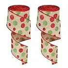 2 Rouleaux Rubans de Noël à Pois Scintillants Bord Filaires Rubans à Pois Rouges Verts Ruban en Toile Décoratif Imprimé à Pois Polka, 6 Yard par Rouleau (Base Beige, 2,5 Pouces de Large)