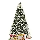 GOFLAME 9ft Snow Sprayed Christmas Tree, Pre-lit Xmas Tree w/ 900 LED Lights, Hinged Branches & Metal Stand, Holiday Festival Artificial Tree for Indoor Decoration